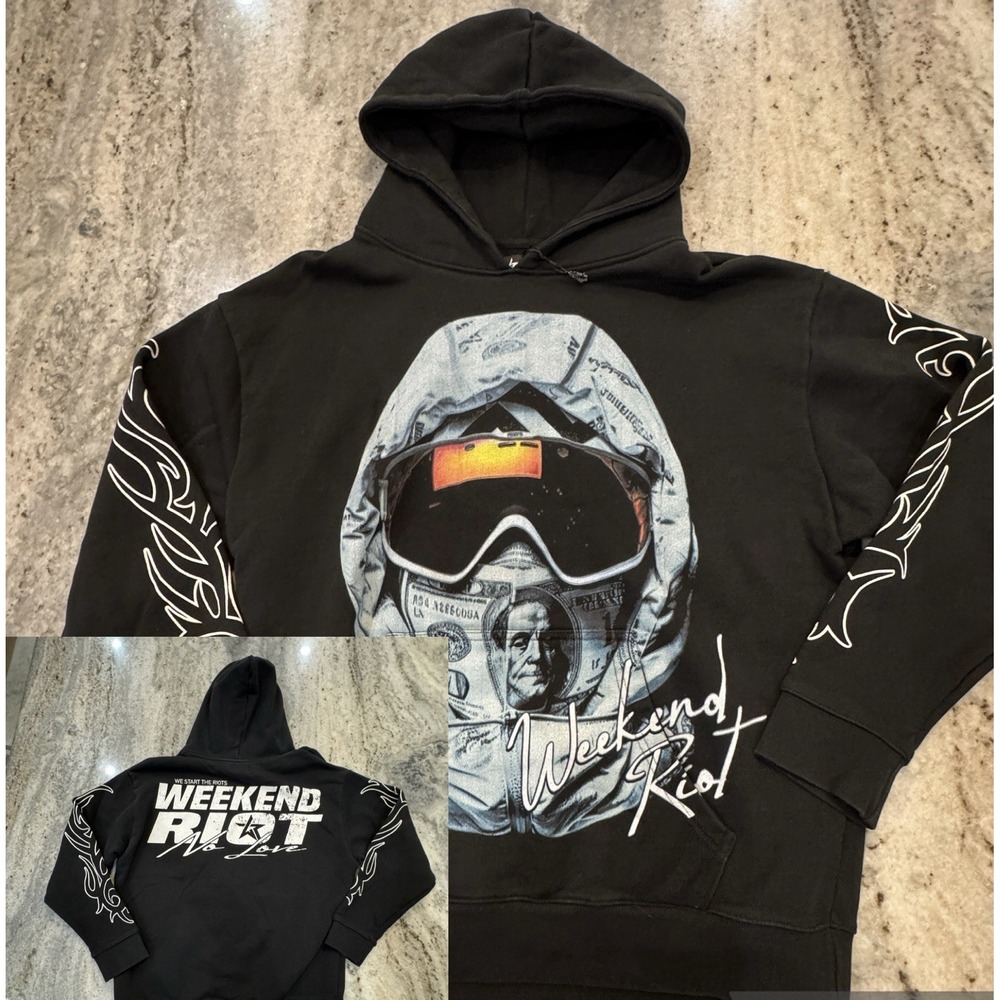 NWOT WEEKEND RIOT GET MONEY NO LOVE Hoodie Men Sz M Graphic Double Sided Street